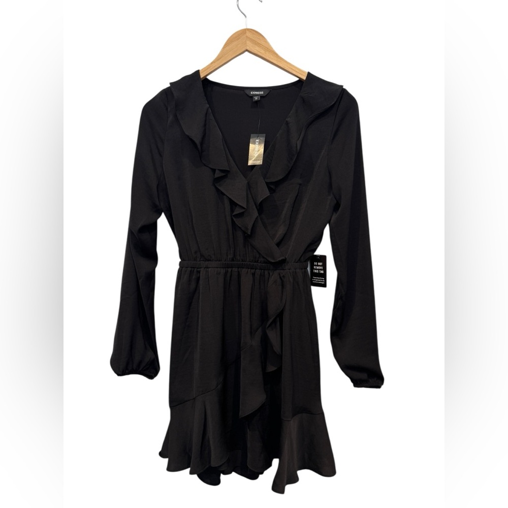 Express Black Ruffle Long Sleeve Wrap Dress